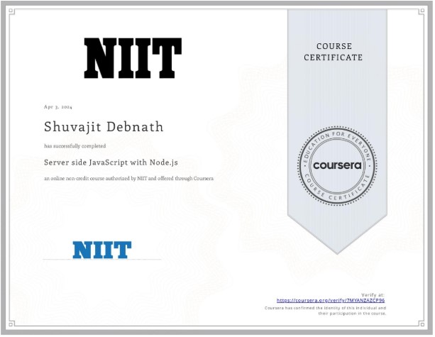 Server side JavaScript with Node.js Certificate