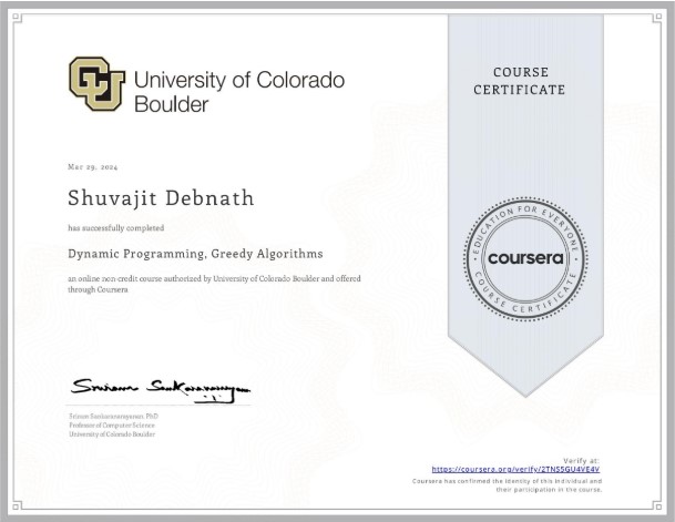 Dynamic Programming, Greedy Algorithms Certificate