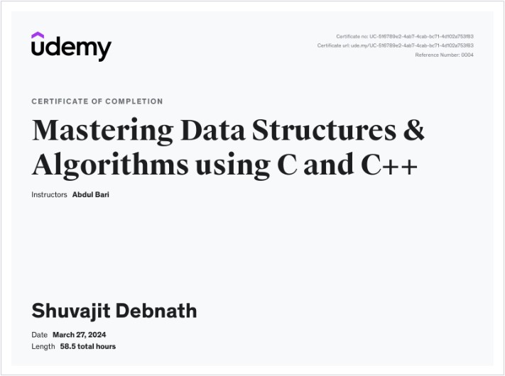 Mastering Data Structures & Algorithms using C and C++ Certificate