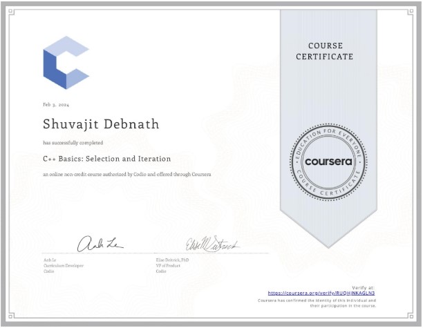 C++ Basics: Selection and Iteration Certificate