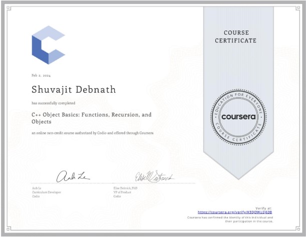 C++ Object Basics: Functions, Recursion, and Objects Certificate