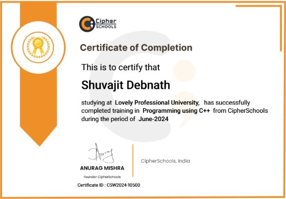 Programming Using C++ Certificate